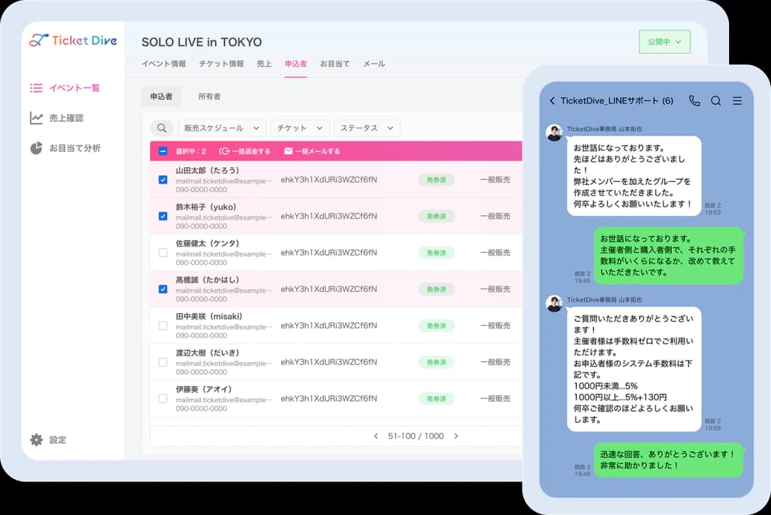 申込者管理画面とLINEサポートのイメージ