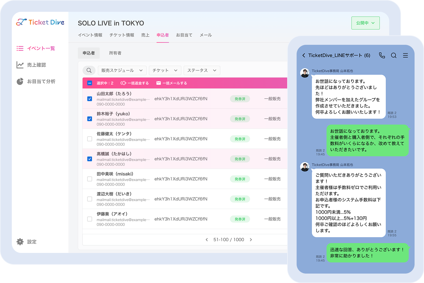 申込者管理画面とLINEサポートのイメージ
